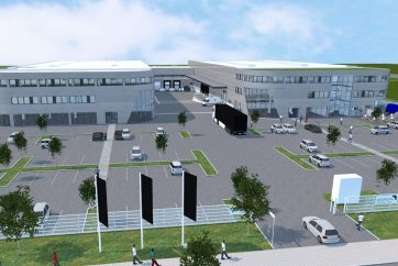 Visualisierung STAHLWERK Bürogebäude und Lagerhallen.