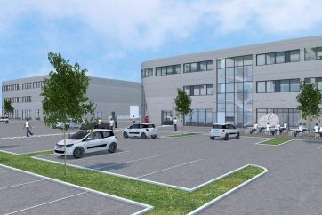 Visualisierung STAHLWERK Bürogebäude und Lagerhallen.