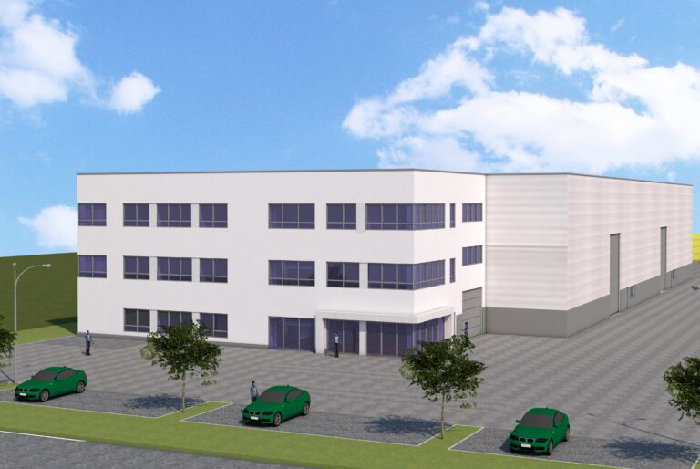 Visualisierung HÜNTEN Industriehalle mit Büroflächen.