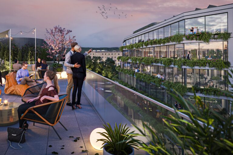 Visualisierung Bürocomplex Green Canyon in Bonn - Dachterrasse.
