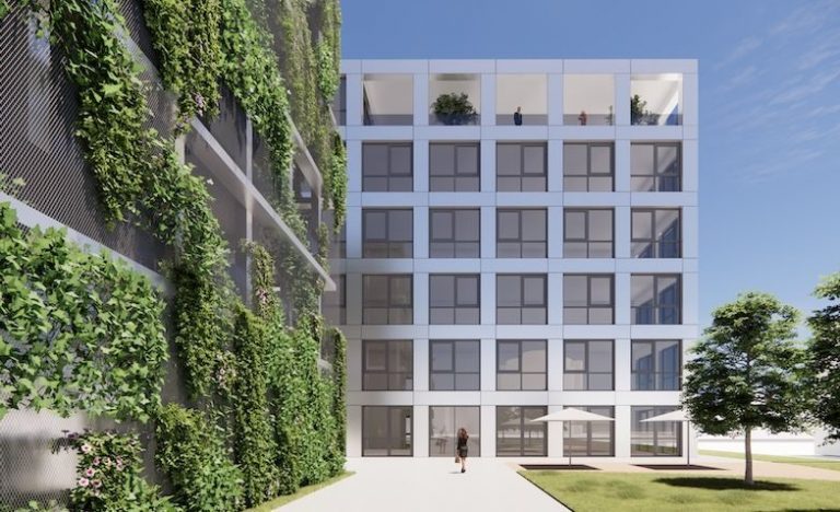 Bechtle AG - Visualisierung Bürogebäude mit Parkhaus und Lager in Sankt Augustin.